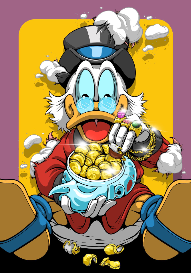 Deconstructed Scrooge eats chocolate coins